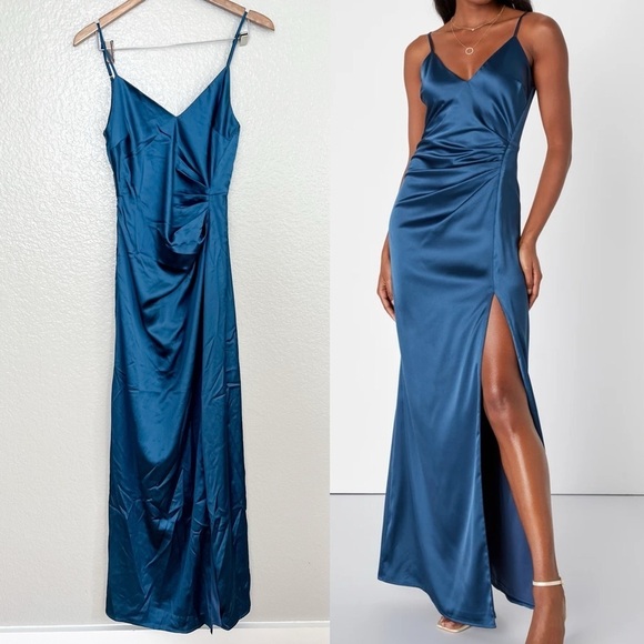Delightful Allure Dark Blue Satin Pleated Backless Maxi Dress - Picture 1 of 10